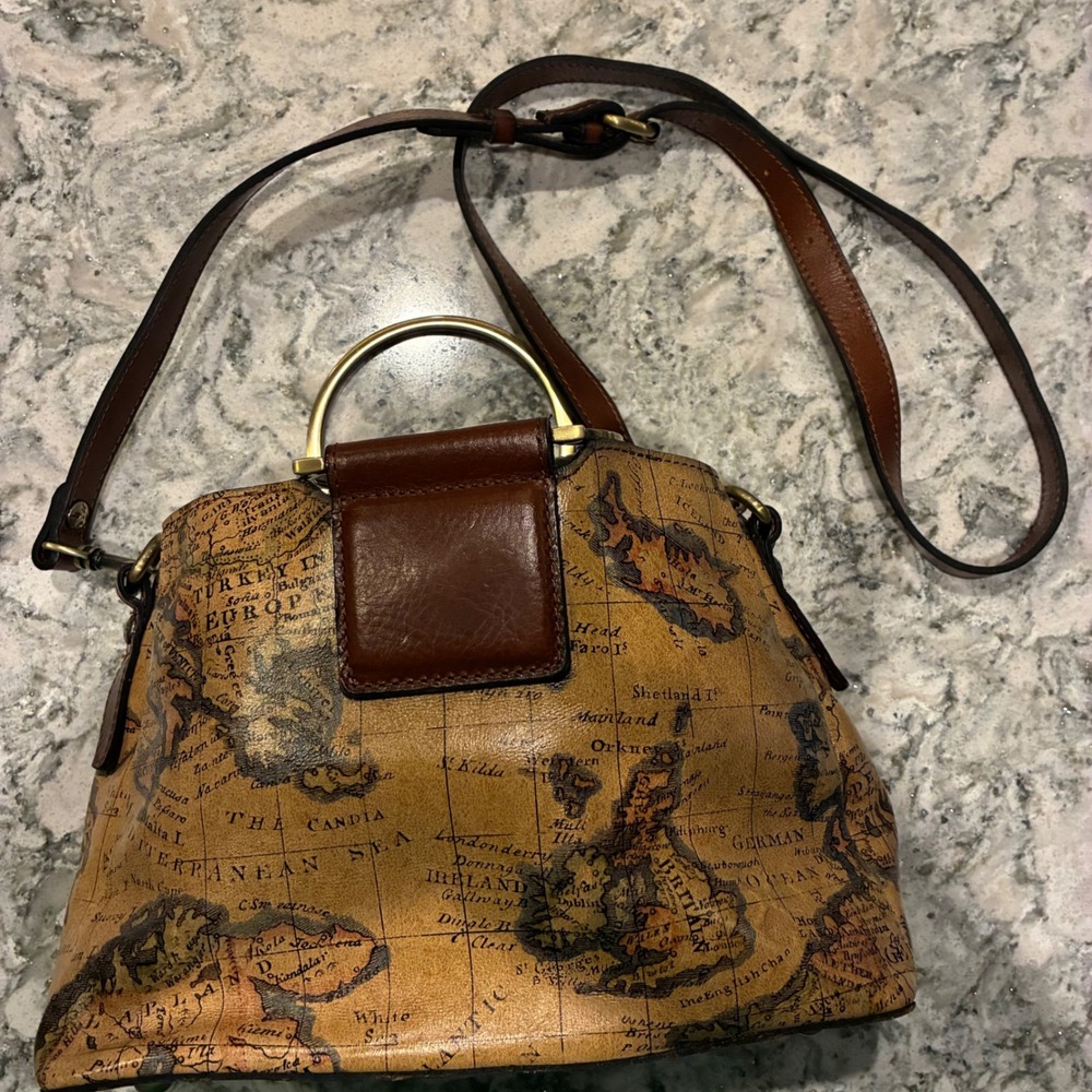Patricia Nash Map Print Leather Satchel Top Handle Crossbody Bag